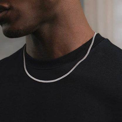 Solid 925 Sterling Silver Chain Necklace, 3Mm Flat Curb Cuban Link Chain for Men Women