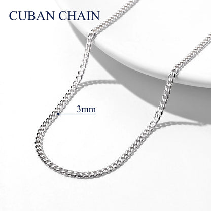 Solid 925 Sterling Silver Chain Necklace, 3Mm Flat Curb Cuban Link Chain for Men Women