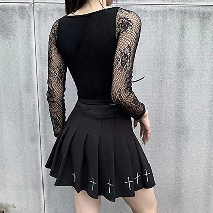 Chic Gothic Punk Black Pleated Mini Skirt with Cross Embroidery for Kpop Fashionistas