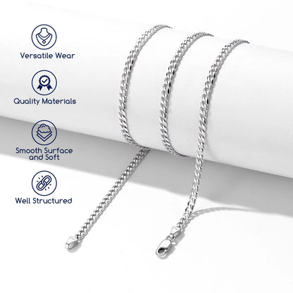 Solid 925 Sterling Silver Chain Necklace, 3Mm Flat Curb Cuban Link Chain for Men Women