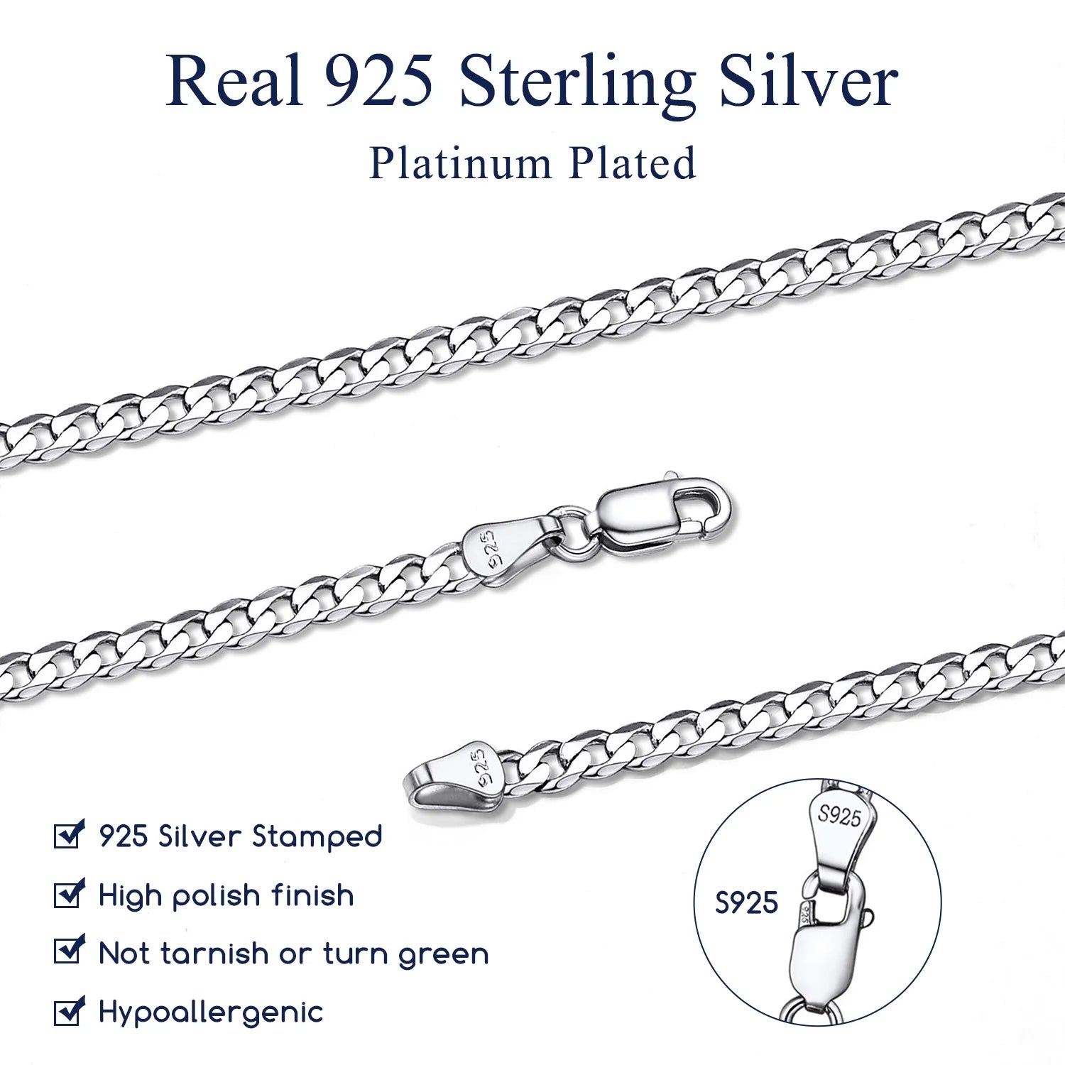 Solid 925 Sterling Silver Chain Necklace, 3Mm Flat Curb Cuban Link Chain for Men Women