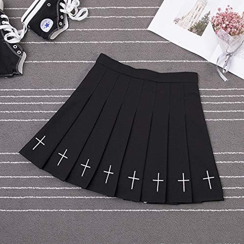 Chic Gothic Punk Black Pleated Mini Skirt with Cross Embroidery for Kpop Fashionistas