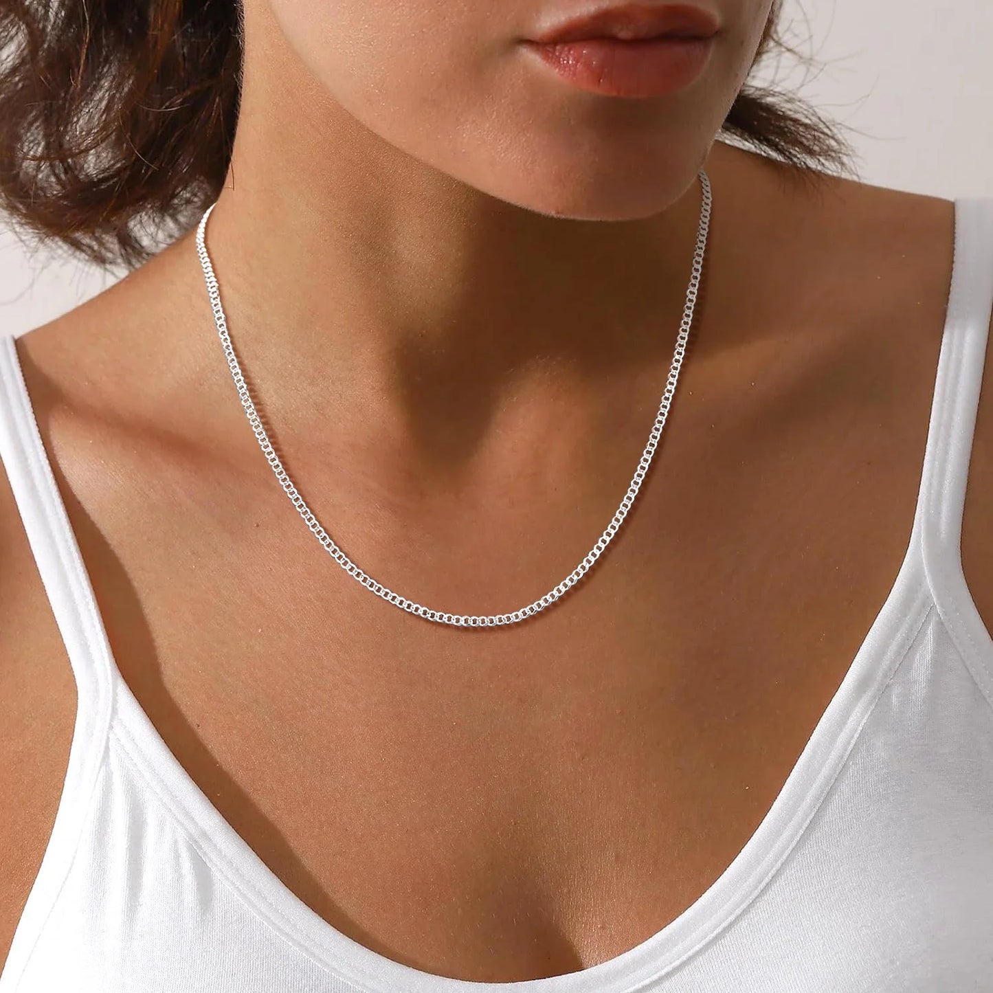 Solid 925 Sterling Silver Chain Necklace, 3Mm Flat Curb Cuban Link Chain for Men Women