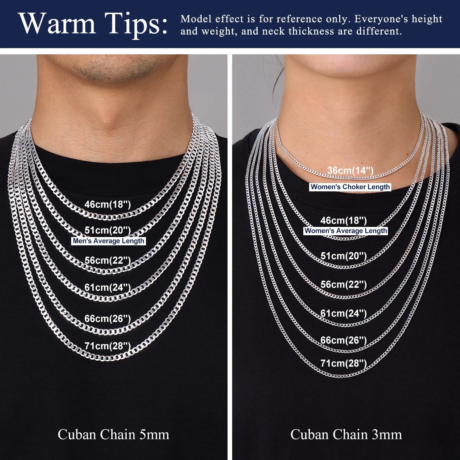 Solid 925 Sterling Silver Chain Necklace, 3Mm Flat Curb Cuban Link Chain for Men Women