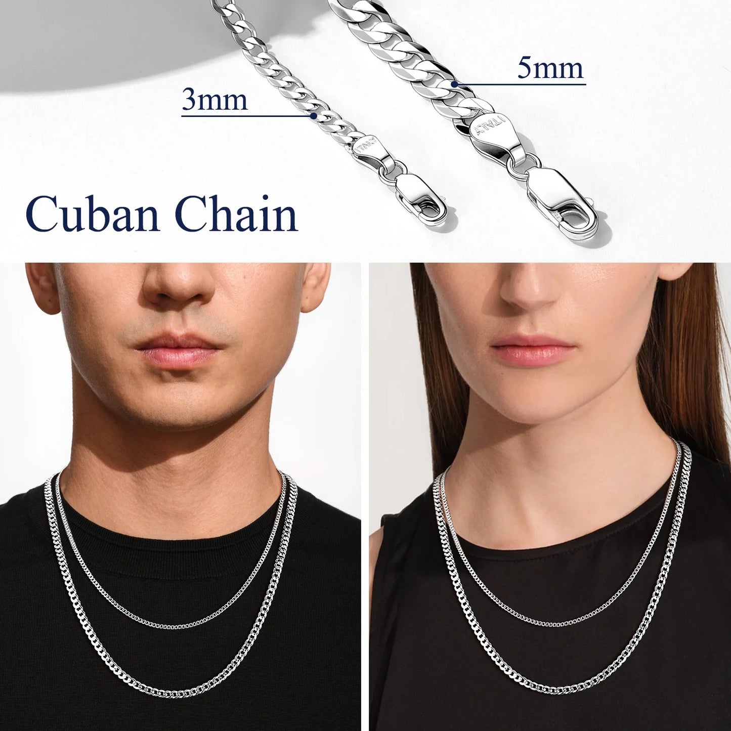 Solid 925 Sterling Silver Chain Necklace, 3Mm Flat Curb Cuban Link Chain for Men Women