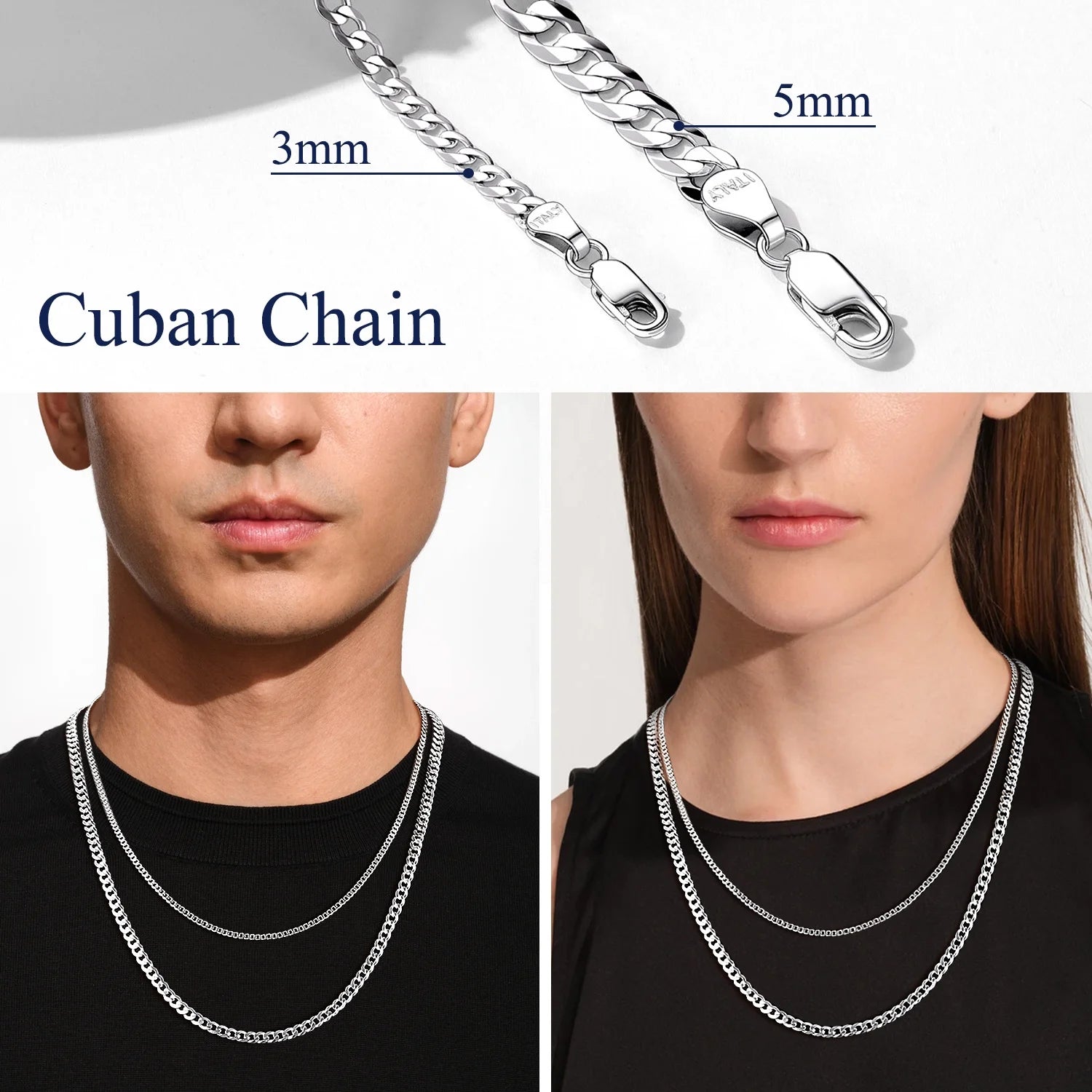 Solid 925 Sterling Silver Chain Necklace, 3Mm Flat Curb Cuban Link Chain for Men Women