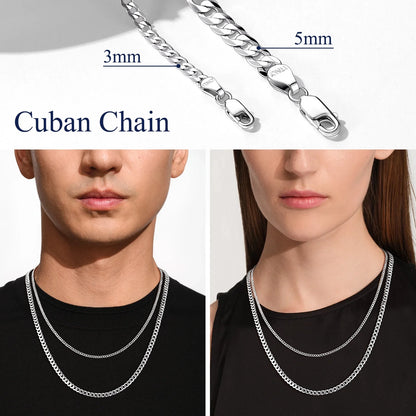 Solid 925 Sterling Silver Chain Necklace, 3Mm Flat Curb Cuban Link Chain for Men Women