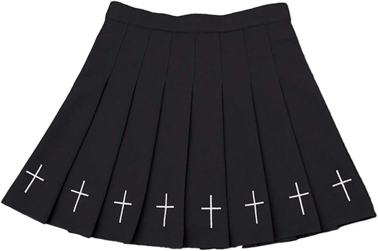 Chic Gothic Punk Black Pleated Mini Skirt with Cross Embroidery for Kpop Fashionistas