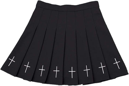 Chic Gothic Punk Black Pleated Mini Skirt with Cross Embroidery for Kpop Fashionistas