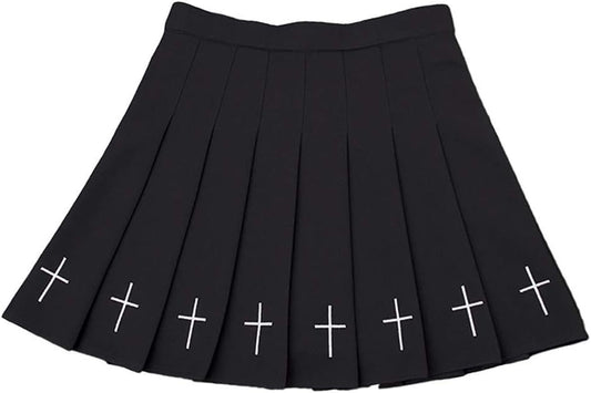 Chic Gothic Punk Black Pleated Mini Skirt with Cross Embroidery for Kpop Fashionistas