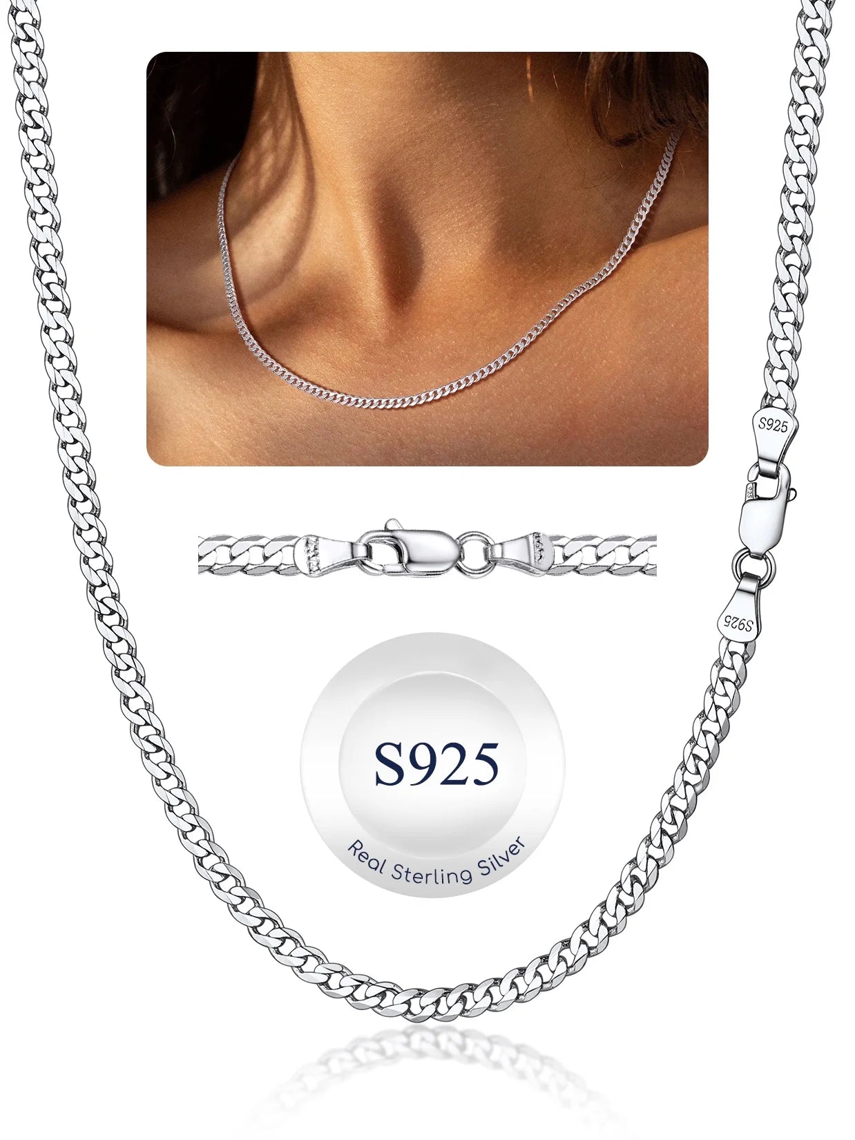 Solid 925 Sterling Silver Chain Necklace, 3Mm Flat Curb Cuban Link Chain for Men Women