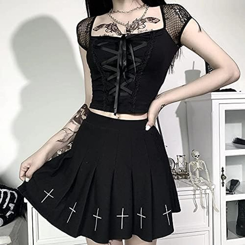 Chic Gothic Punk Black Pleated Mini Skirt with Cross Embroidery for Kpop Fashionistas